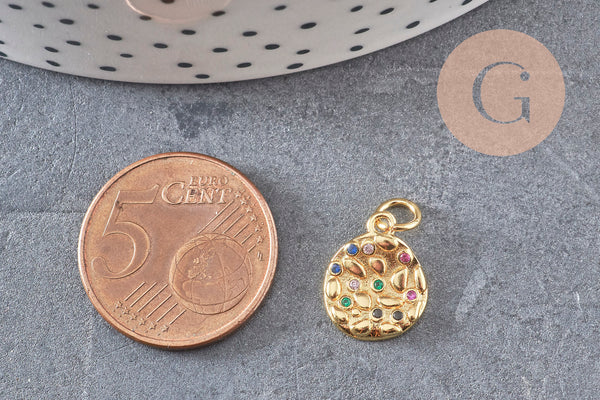 Pendentif médaille ronde laiton doré zircons coloré 13.6mm, un pendentif doré avec cristaux pour création bijoux, x1 (G6303)