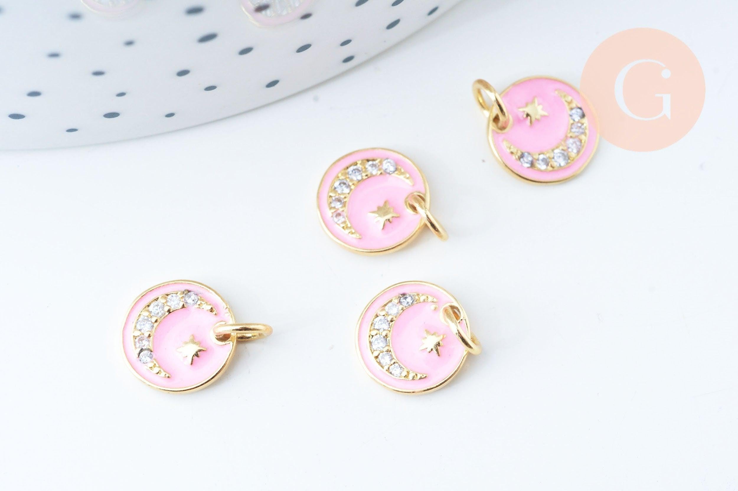 Pendentif médaille ronde lune émail rose laiton doré 18K et cristal zircon 10mm,pendentif laiton chance pour création bijoux,x1 G6076