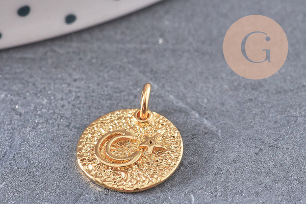 Pendentif médaille ronde lune étoile laiton doré texturé, un pendentif doré sans nickel création bijoux,12mm, x1 (G4932)