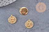 Pendentif médaille ronde lune étoile laiton doré texturé, un pendentif doré sans nickel création bijoux,12mm, x1 (G4932)