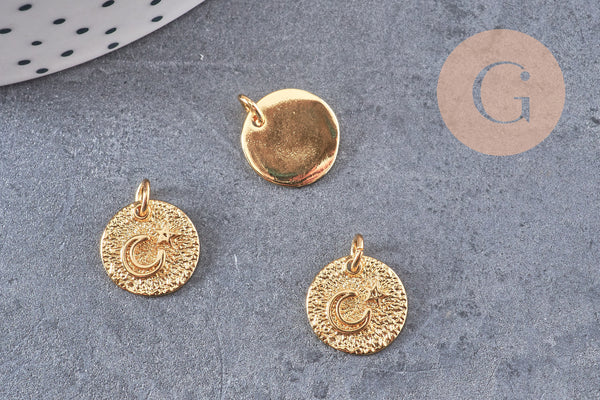 Pendentif médaille ronde lune étoile laiton doré texturé, un pendentif doré sans nickel création bijoux,12mm, x1 (G4932)