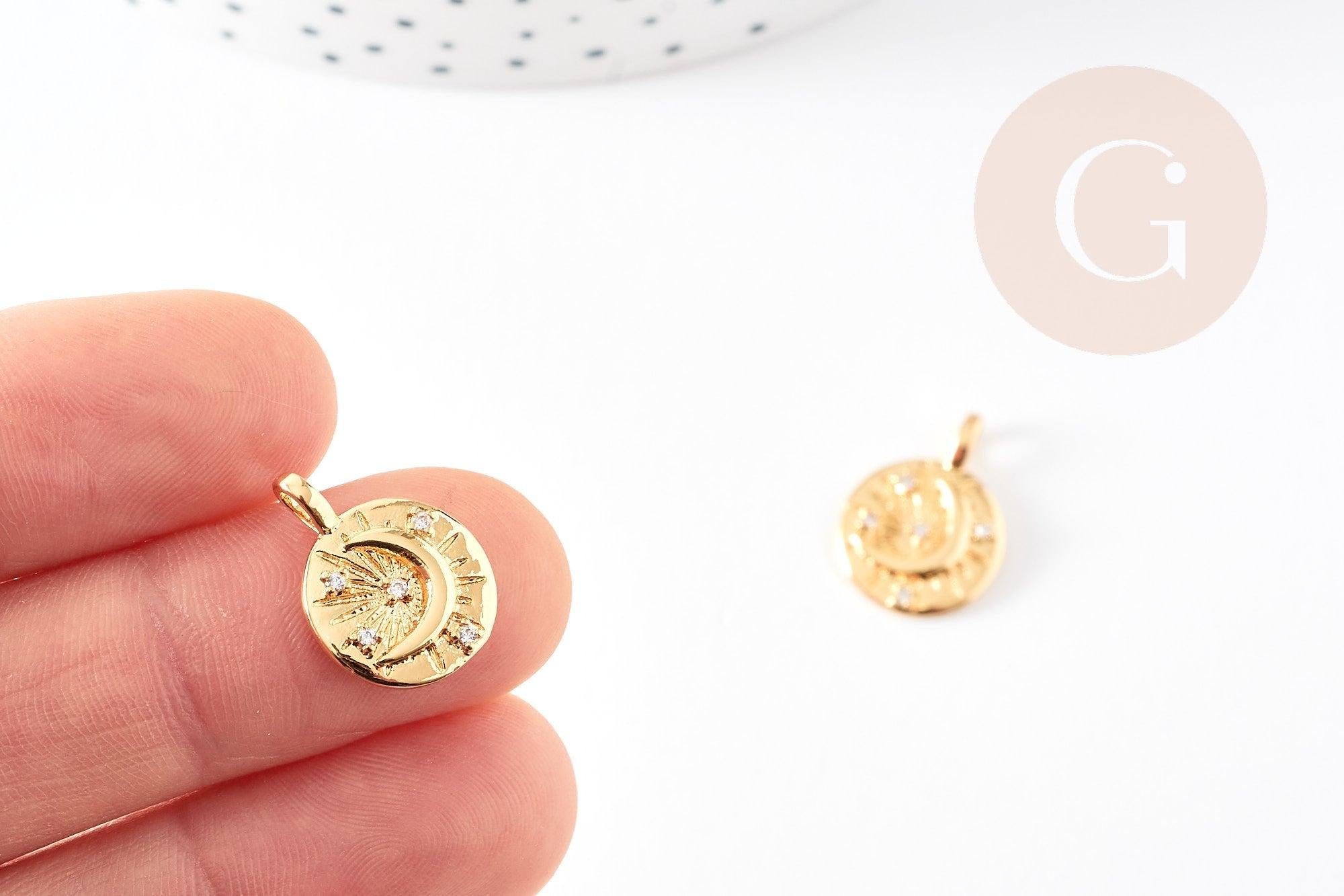 Pendentif médaille ronde lune laiton doré zircons, un pendentif doré avec cristaux pour création bijoux,18mm, x1 G4856