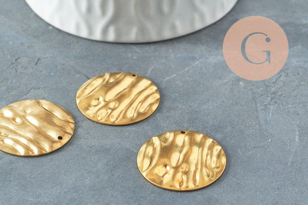 Pendentif médaille ronde martelée laiton brut 25mm, x5 (G0547)