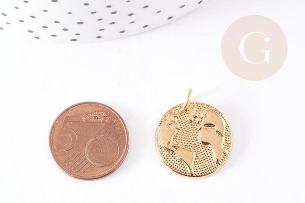 Pendentif médaille ronde monde acier 304 inoxydable doré à graver 21mm, x1 (G2954)
