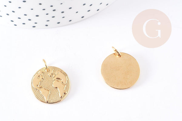 Pendentif médaille ronde monde acier 304 inoxydable doré à graver 21mm, x1 (G2954)