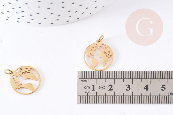 Pendentif médaille ronde monde acier doré, pendentif doré,sans nickel,acier doré, création bijoux,médaille or,20mm,x1 (G2930)