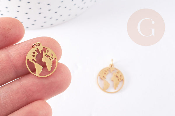 Pendentif médaille ronde monde acier doré, pendentif doré,sans nickel,acier doré, création bijoux,médaille or,20mm,x1 (G2930)