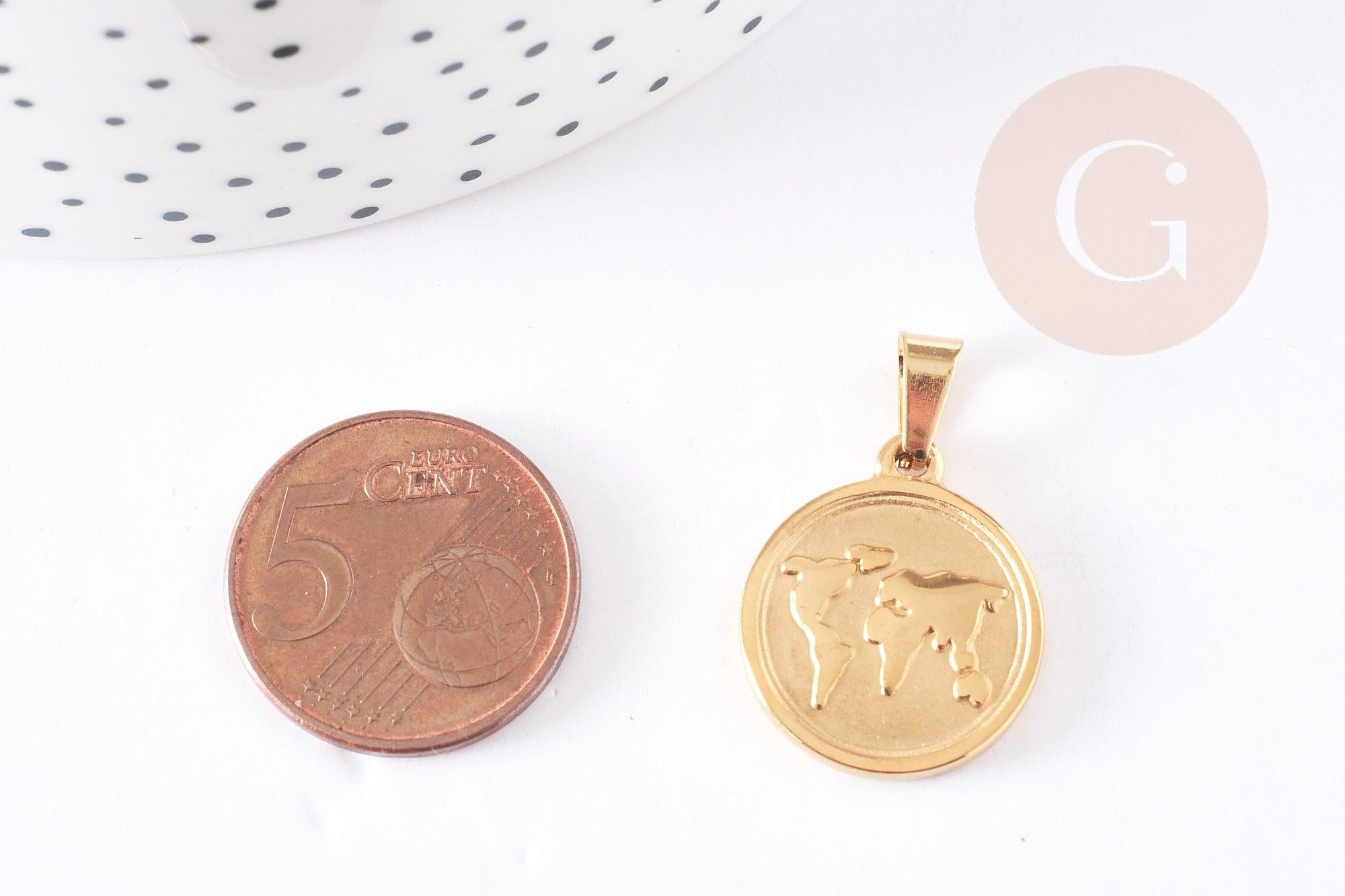 Pendentif médaille ronde monde acier doré, pendentif doré,sans nickel,acier doré, médaille or,2.1cm,x1 (G1828)