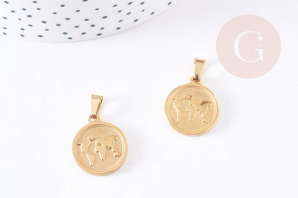 Pendentif médaille ronde monde acier doré, pendentif doré,sans nickel,acier doré, médaille or,2.1cm,x1 (G1828)
