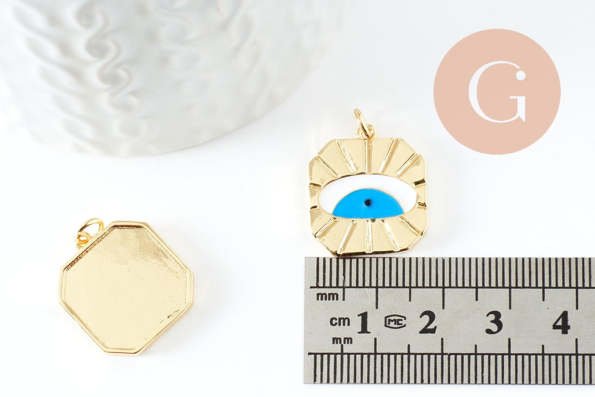 Pendentif médaille ronde oeil émail blanc bleu laiton doré 18K et cristal zircon,pendentif laiton création bijoux,20.6mm,x1 (G3580)