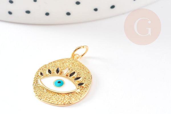 Pendentif médaille ronde oeil émail blanc laiton doré 18K et cristal zircon,pendentif laiton amour 22.5mm, x1 G3553