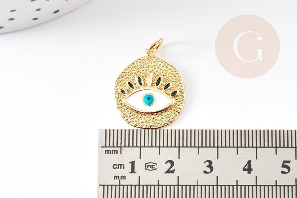 Pendentif médaille ronde oeil émail blanc laiton doré 18K et cristal zircon,pendentif laiton amour 22.5mm, x1 G3553