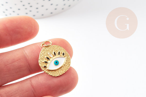 Pendentif médaille ronde oeil émail blanc laiton doré 18K et cristal zircon,pendentif laiton amour 22.5mm, x1 G3553