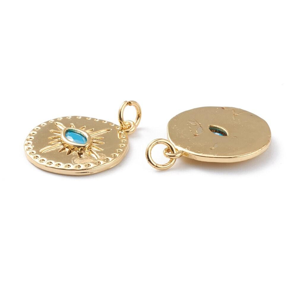 Pendentif médaille ronde oeil émail bleu laiton doré 18K et cristal zircon,pendentif laiton chance pour création bijoux,19mm, x1 G5645