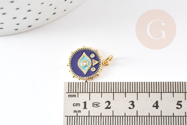 Pendentif médaille ronde oeil émail bleu laiton doré 18K et cristal zircon,pendentif porte-bonheur,18.5mm, x1 G4087