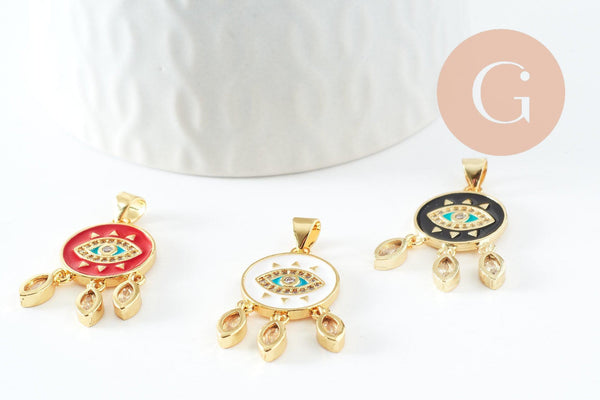 Pendentif médaille ronde oeil émail rouge laiton doré 18K et cristal zircon,pendentif laiton amour pour création bijoux,28mm, x1 (G3579)