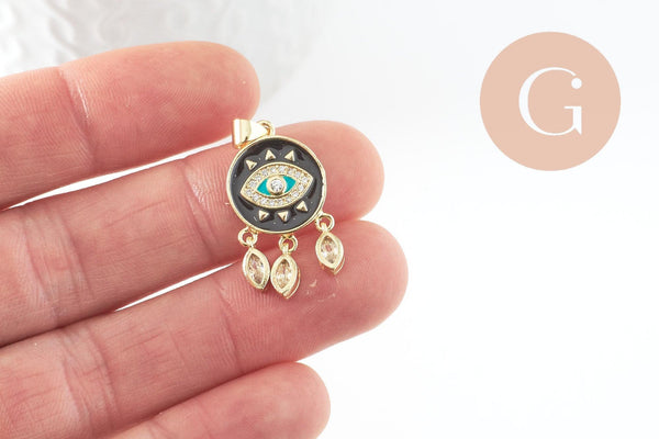 Pendentif médaille ronde oeil émail rouge laiton doré 18K et cristal zircon,pendentif laiton amour pour création bijoux,28mm, x1 (G3579)