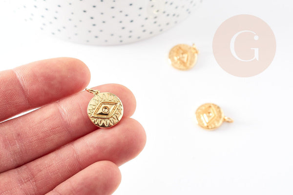 Pendentif médaille ronde oeil laiton doré 18K texturé 15.5mm, un pendentif doré sans nickel pour la création, x1 G4654