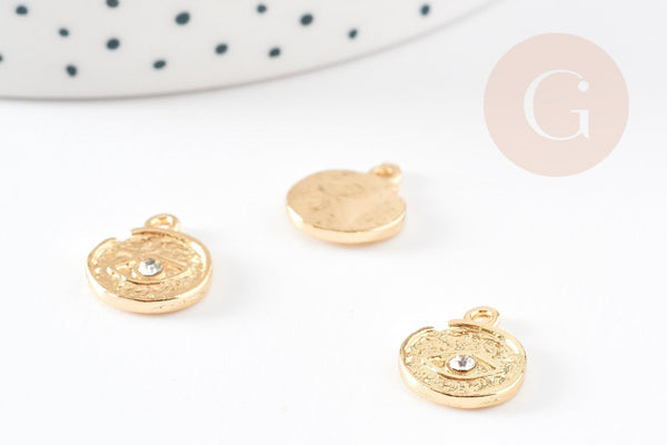 Pendentif médaille ronde oeil zamac doré 18K texturé zircon 14.5mm, pendentif doré pour la création médaille or, 14.5mm, x1 G4750