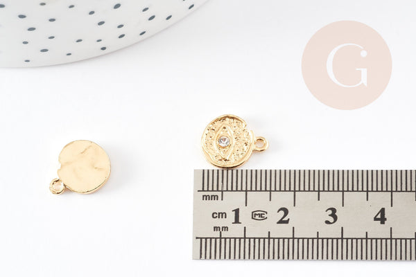 Pendentif médaille ronde oeil zamac doré 18K texturé zircon 14.5mm, pendentif doré pour la création médaille or, 14.5mm, x1 G4750