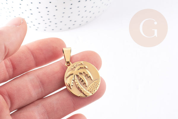 Pendentif médaille ronde palmier acier doré 25mm, x1 (G2752)