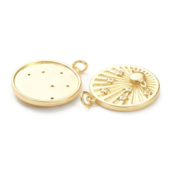 Pendentif médaille ronde planète laiton doré 18K zircons multicolore 23.5mm,pour la création bijoux médaille or, x1 (G6075)