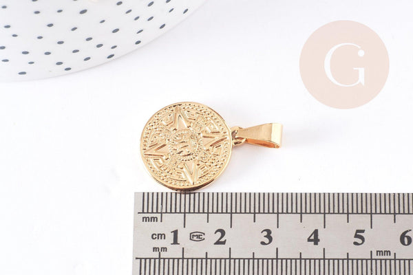 Pendentif médaille ronde rose des vents acier 304 inoxydable doré ,23.4mm, pendentif doré sans nickel,acier doré, création bijoux,x1 (G2637)