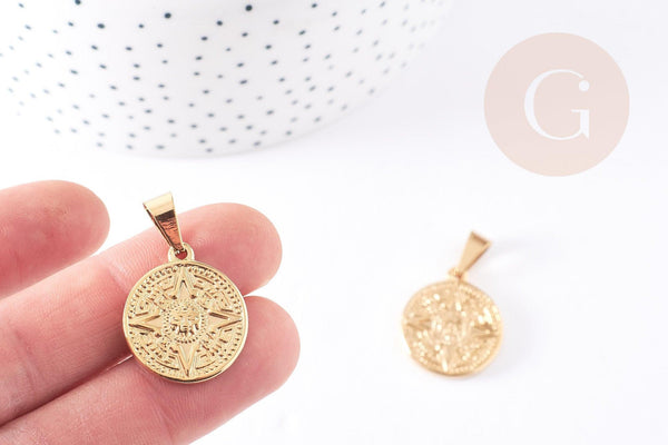 Pendentif médaille ronde rose des vents acier 304 inoxydable doré ,23.4mm, pendentif doré sans nickel,acier doré, création bijoux,x1 (G2637)