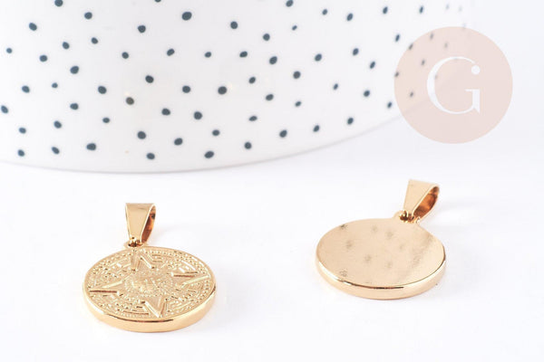Pendentif médaille ronde rose des vents acier 304 inoxydable doré ,23.4mm, pendentif doré sans nickel,acier doré, création bijoux,x1 (G2637)