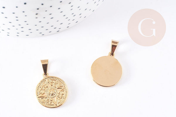 Pendentif médaille ronde rose des vents acier 304 inoxydable doré ,23.4mm, pendentif doré sans nickel,acier doré, création bijoux,x1 (G2637)