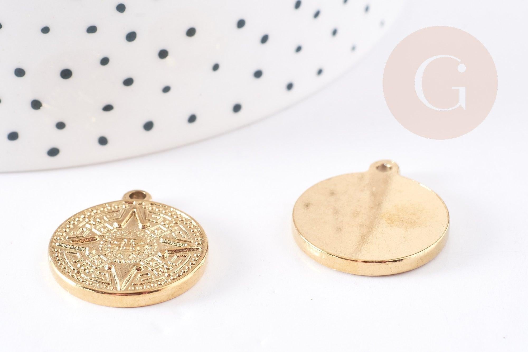 Pendentif médaille ronde rose des vents acier 304 inoxydable doré 23.4mm, x1 (G2639)