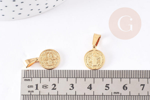 Pendentif médaille ronde saint Benoît acier doré, pendentif doré sans nickel en acier doré, médaille religieuse,15mm, x1 (G2366)