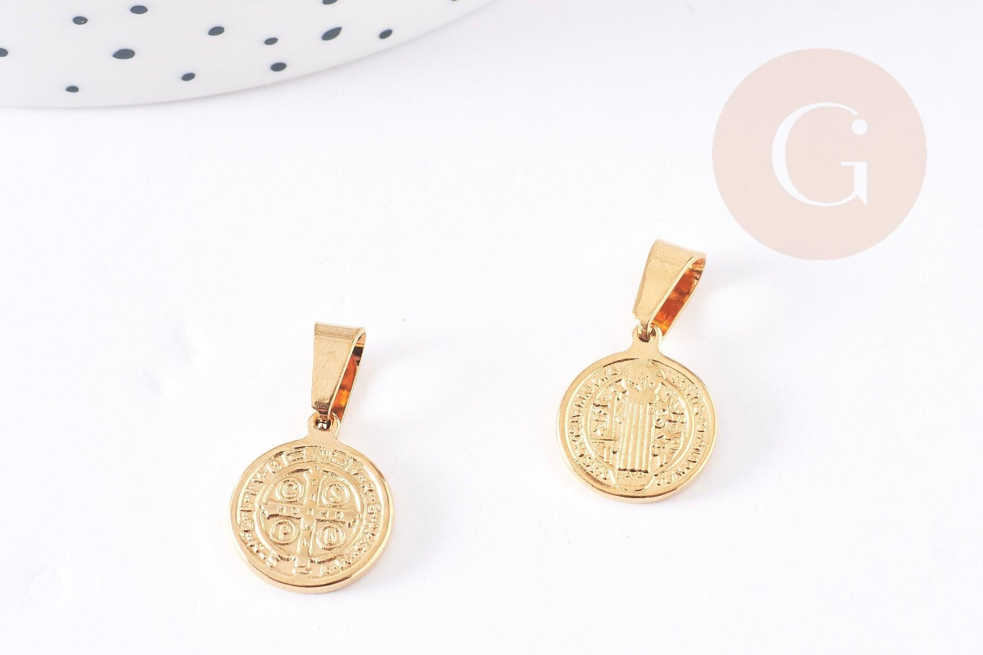 Pendentif médaille ronde saint Benoît acier doré, pendentif doré sans nickel en acier doré, médaille religieuse,15mm, x1 (G2366)