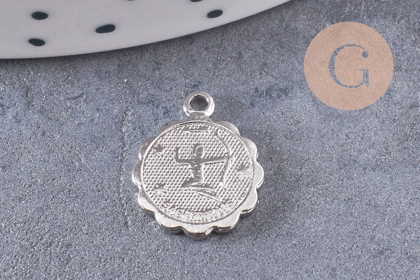 Pendentif médaille ronde signe astrologique laiton argenté 14mm, x1 (G3462)