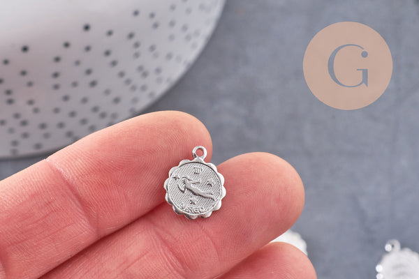 Pendentif médaille ronde signe astrologique laiton argenté 14mm, x1 (G3462)