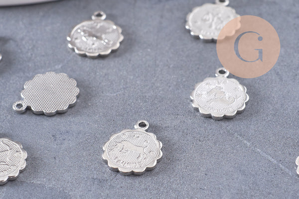 Pendentif médaille ronde signe astrologique laiton argenté 14mm, x1 (G3462)