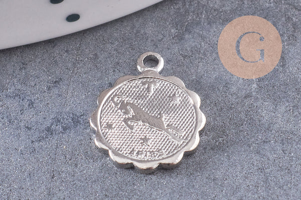 Pendentif médaille ronde signe astrologique laiton argenté 14mm, x1 (G3462)
