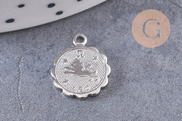 Pendentif médaille ronde signe astrologique laiton argenté 14mm, x1 (G3462)