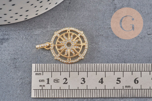 Pendentif médaille ronde soleil boussole laiton doré 18K zircons, un pendentif doré avec cristal pour création bijoux,21mm, x1 (G3552)