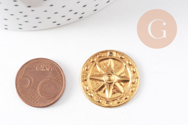 Pendentif médaille ronde soleil laiton brut, un apprêt doré sans nickel, une médaille ronde dorée,25mm,x 2,G3225