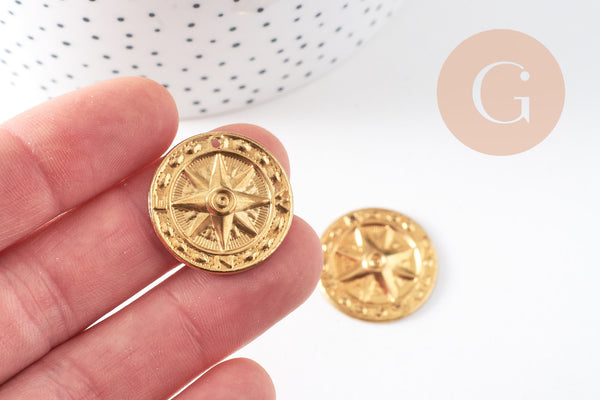 Pendentif médaille ronde soleil laiton brut, un apprêt doré sans nickel, une médaille ronde dorée,25mm,x 2,G3225