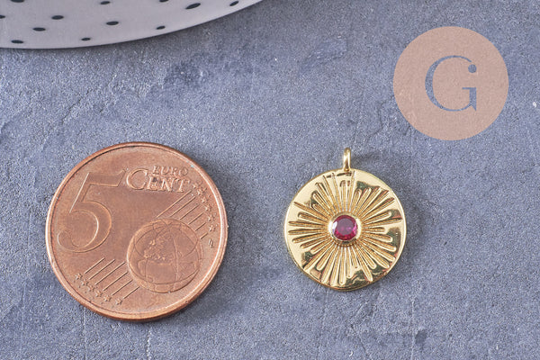 Pendentif médaille ronde soleil laiton doré zircon rouge 16.5mm, x1 (G3473)
