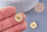 Pendentif médaille ronde soleil laiton doré zircon rouge 16.5mm, x1 (G3473)