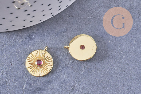 Pendentif médaille ronde soleil laiton doré zircon rouge 16.5mm, x1 (G3473)
