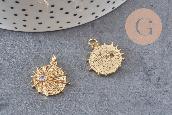 Pendentif médaille ronde soleil laiton doré zircon, un pendentif doré avec cristaux pour création bijoux,18mm, x1 G3469