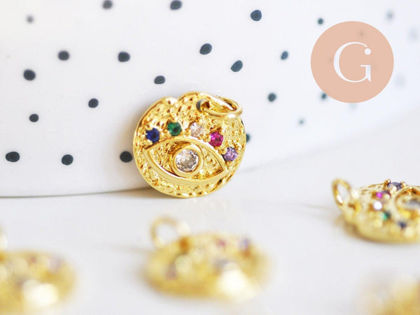 Pendentif médaille ronde texturée oeil laiton doré 18K zircons multicolore 14mm x1 G6258