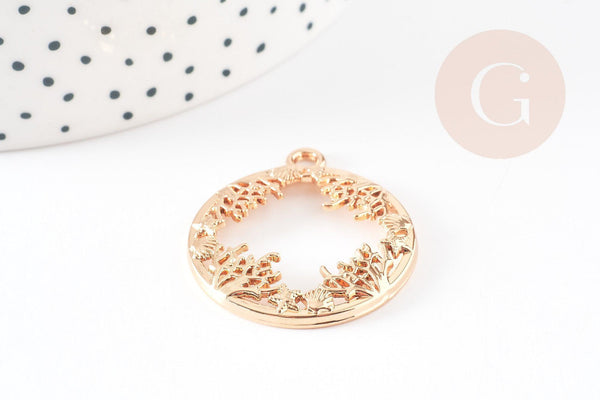 Pendentif médaille ronde végétal zamac doré 34mm,pendentif doré sans nickel x1 G5870