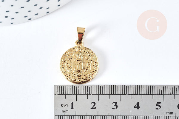 Pendentif médaille ronde vierge acier doré, pendentif doré sans nickel,acier doré,médaille or,22mm,x1 (G2651)