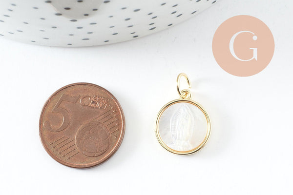 Pendentif médaille ronde vierge nacre naturelle laiton doré 16mm, x1 (G10045)