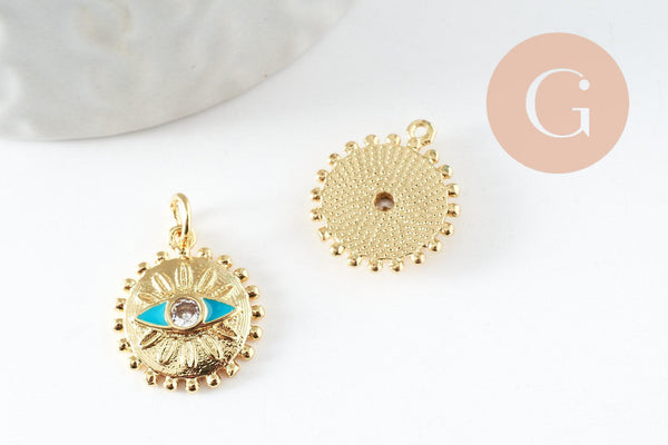 Pendentif médaille soleil oeil émail bleu laiton doré 18K et cristal zircon,pendentif laiton chance pour création bijoux,17mm, x1 (G5278)